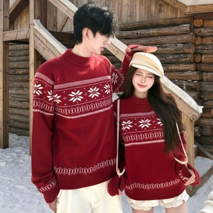 情侣装秋冬装新款雪花圆领情侣毛衣男女新年红色针织衫圣诞穿搭
