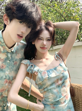 情侣装夏季装法式甜美风蓝色碎花吊带连衣裙女气质度假风一裙一衣