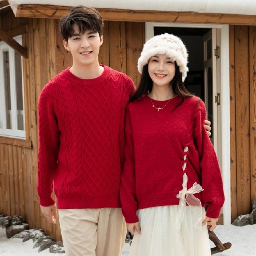 新年红色麻花毛衣男女情侣装秋冬季新款甜美本命年圆领针织衫冬装