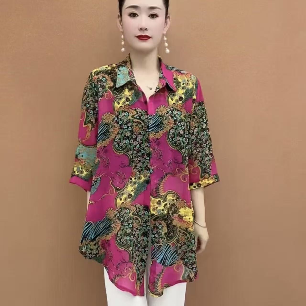 通勤风碎花POLO领防晒衬衫女衬衫