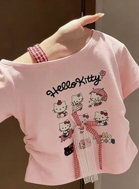女童时髦HelloKitty短袖T恤短款儿童百搭女孩上衣纯棉薄款夏季潮