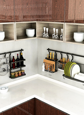 黑色厨房调料收纳架壁挂式304不锈钢墙上置物架碗碟沥水筷子刀架