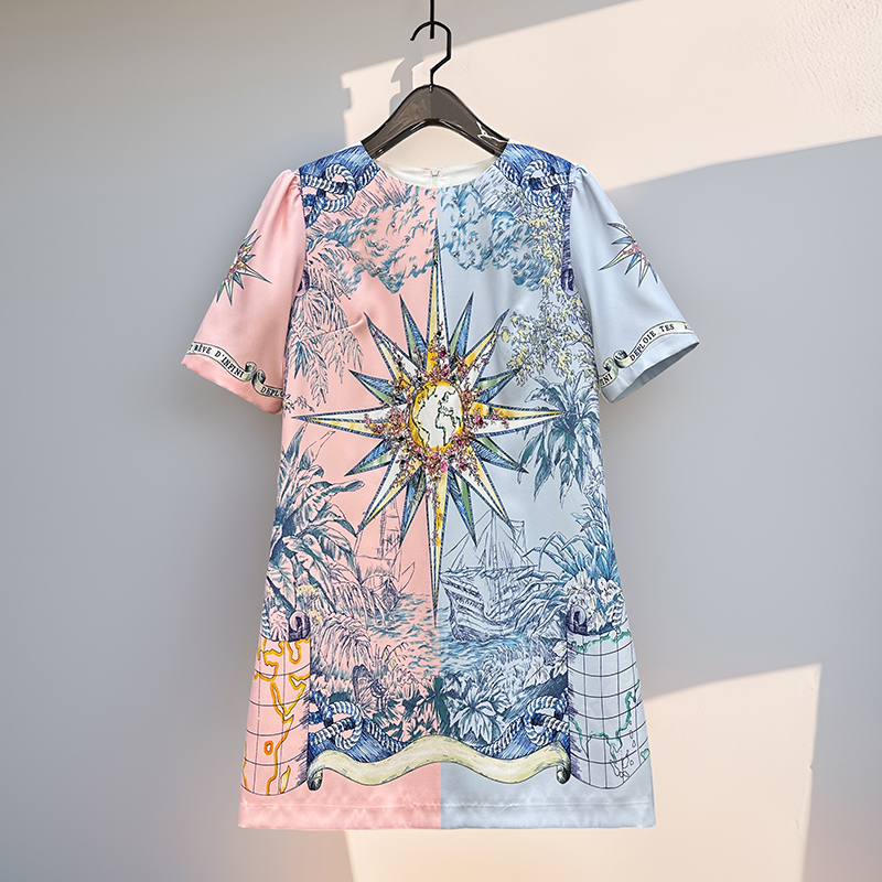 夏季新款女装高级感时尚印花钉钻镶钻圆领短袖修身显瘦轻奢连衣裙