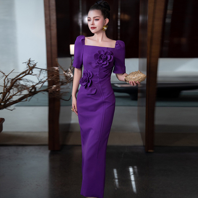 春夏新款女装高级感四面弹立体花朵方领收腰包臀显瘦优雅连衣裙