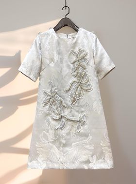 提花刺绣火烈鸟重工钉珠亮片a字裙时尚休闲轻奢小个子春夏连衣裙