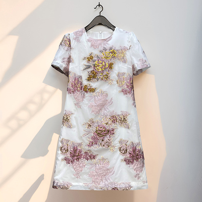 夏季新款女装高级感欧根纱烫金刺绣钉珠钉亮片圆领短袖轻奢连衣裙