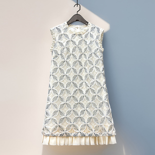 轻熟名媛~夏季新款女装木耳领袖立体扎花盘花钉亮片轻奢a字背心裙