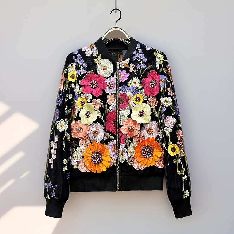 秋季新款女装重磅网纱重工刺绣镶钻立体花瓣百搭长袖休闲短外套