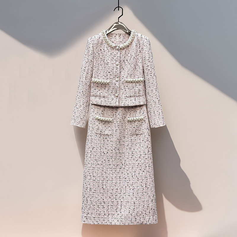 优雅淡粉~粗花呢短外套+开叉长款半身裙高奢小香风钉珠两件套装裙,女装/女士精品,时尚套装,淘宝优惠券,粉丝福利购,淘宝优惠卷