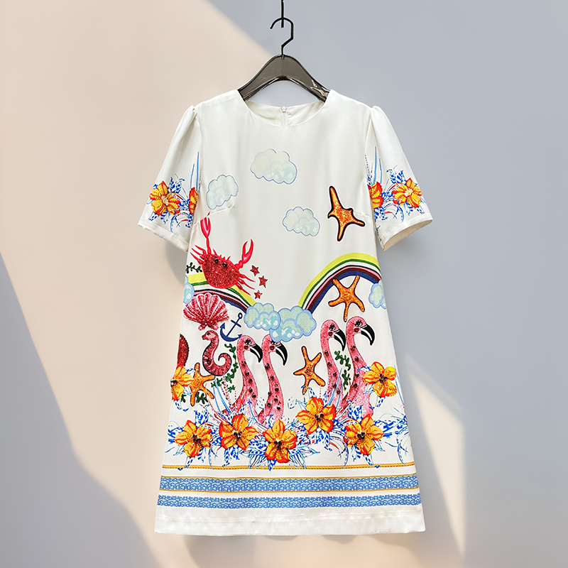 海底世界~夏季新款女装度假风时尚印花钉珠a字裙子宽松休闲连衣裙
