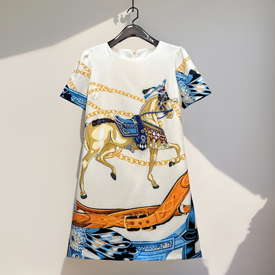 高级感轻奢小个子连衣裙夏季新款女装重工订珠减领a字爱玛印花裙