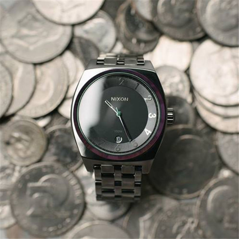 代购尼克松男表nixon 简约酷黑彩虹针钢带日历石英男手表a3251698