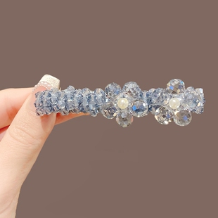 雾霾蓝水晶发夹女 碎钻串珠一字夹 轻奢高级感侧边夹刘海夹头饰