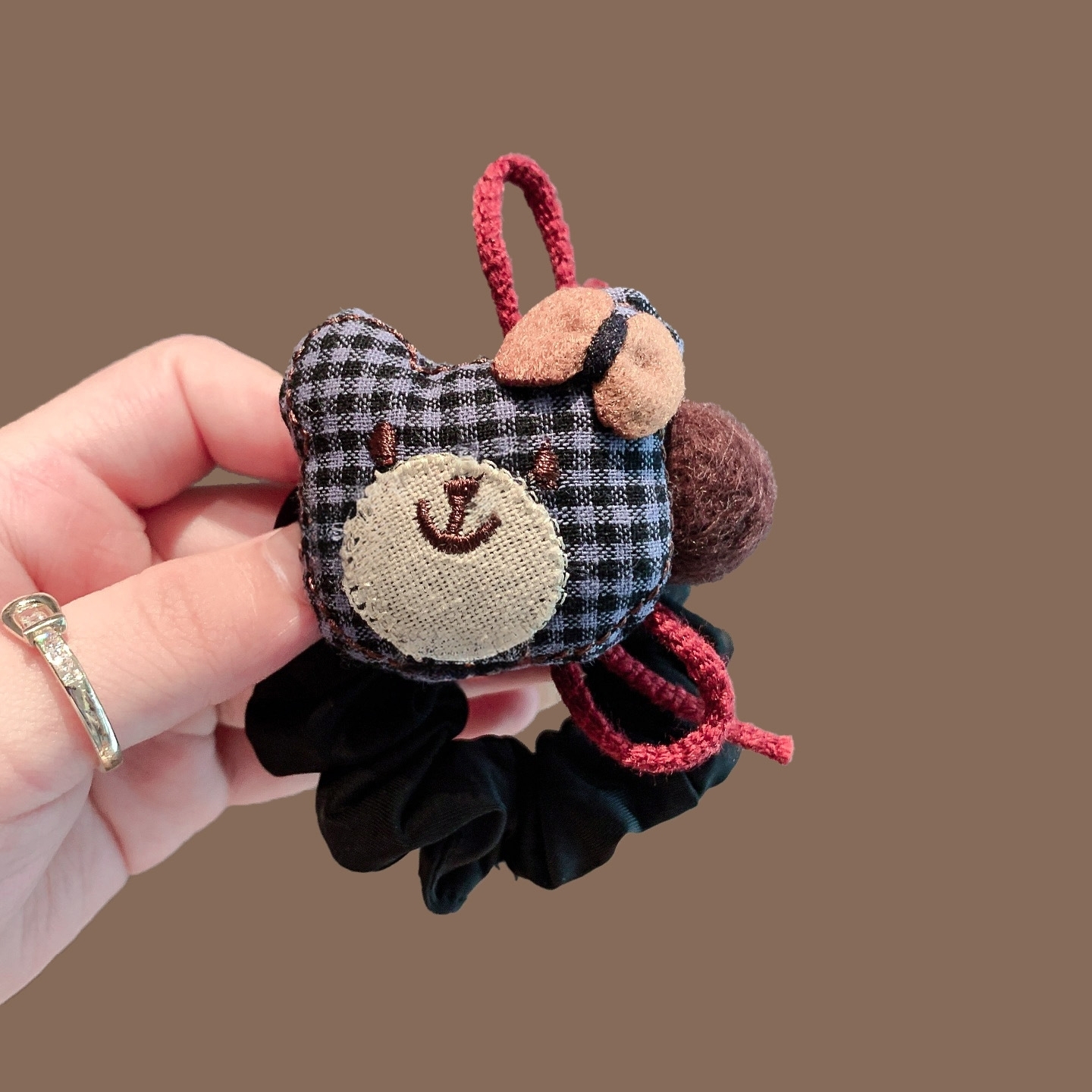 可爱格子小熊蝴蝶结绑带小肠发圈发绳女高弹力头绳简约高马尾皮筋