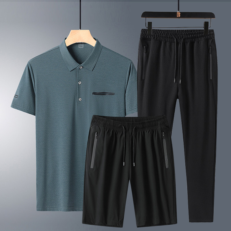 中年夏季短袖t恤男套装爸爸冰丝速干翻领polo衫跑步运动服三件套