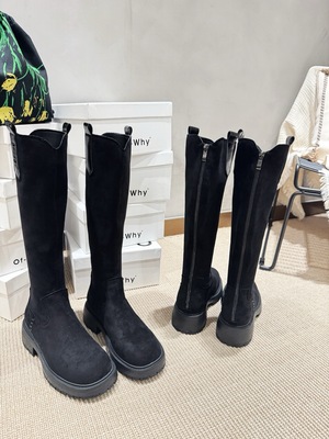 2025新款圆头长筒靴真皮厚底长靴女平底复古西部靴磨砂褶皱堆堆靴