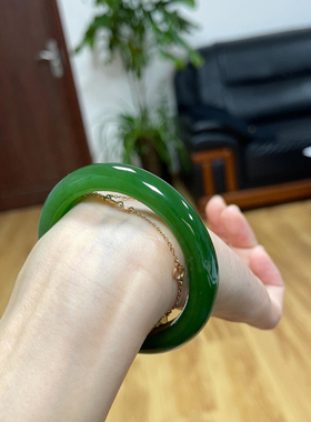 新疆和田玉碧玉手镯女款胖圆条菠菜绿天然翡翠冰底真玉石镯子