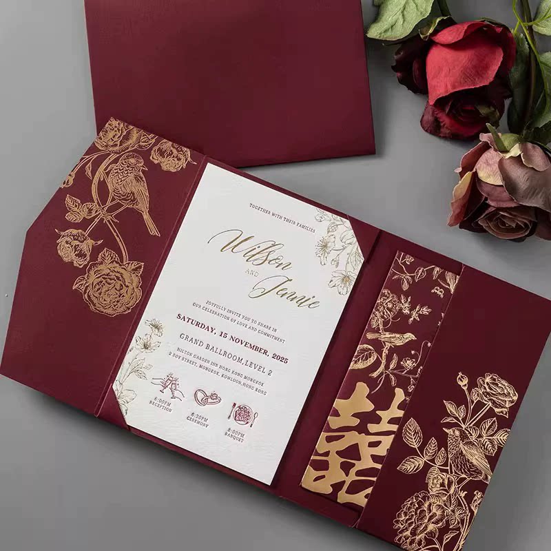 凸版凹印欧式定制喜帖港版风婚礼请柬结婚三折请帖烫金繁体邀请函