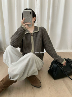 泡菜国egg 韩系简约百搭撞色翻领拉链针织开衫毛衣开衫外套 韩系