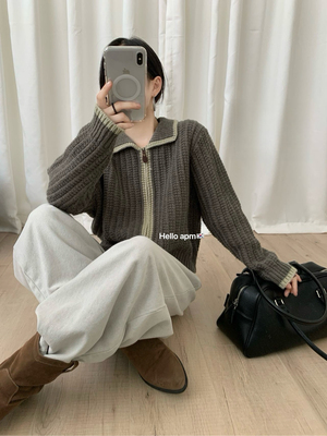 泡菜国egg 韩系简约百搭撞色翻领拉链针织开衫毛衣开衫外套 韩系