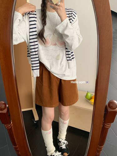 韩国erume韩系少女慵懒水果条纹长袖t恤春夏天丝薄款宽松罩衫上衣
