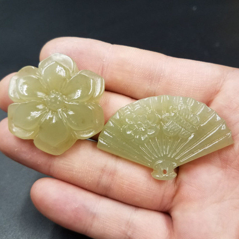 结缘珠宝天然玉石和田玉扇子挂件和田玉花开富贵吊坠玉牌子