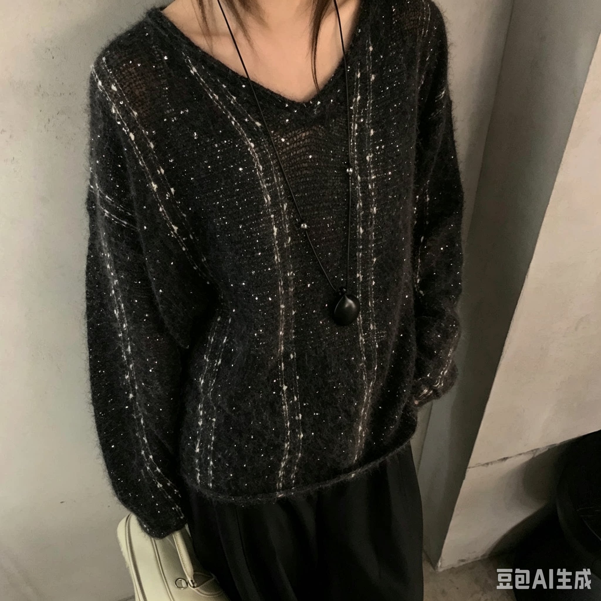 法式V领亮片马海毛针织衫女秋季宽松微透慵懒感薄款套头毛衣上衣