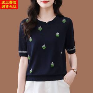 鄂尔多斯市夏装真丝短袖t恤女2026新款妈妈刺绣洋气冰丝针织小衫