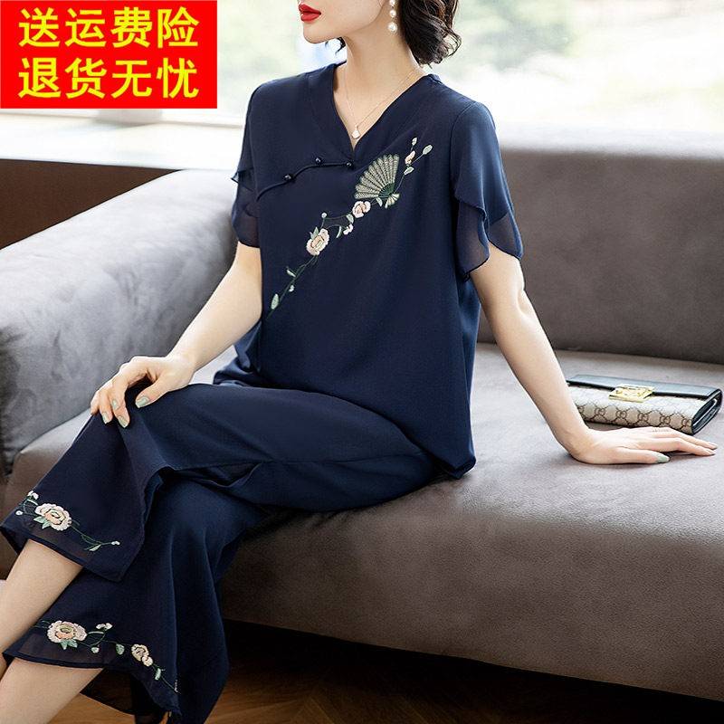 2025新款大尺码短袖雪纺套装休闲 气质中老年妈妈50岁时尚洋派女