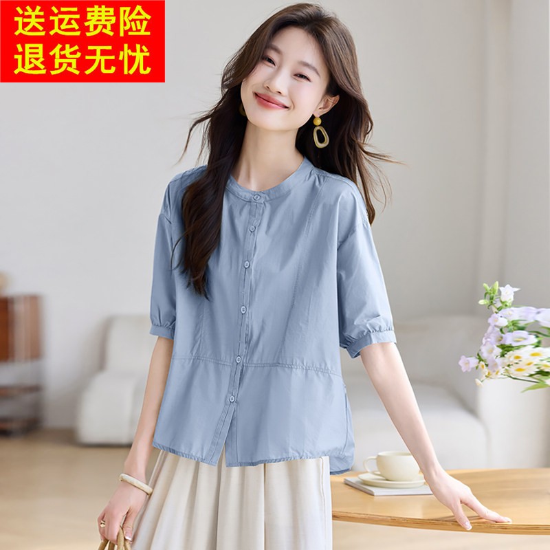 2025夏季新款洋派时尚亚麻衬衫宽松显瘦圆领短袖衬衫女新中式上衣