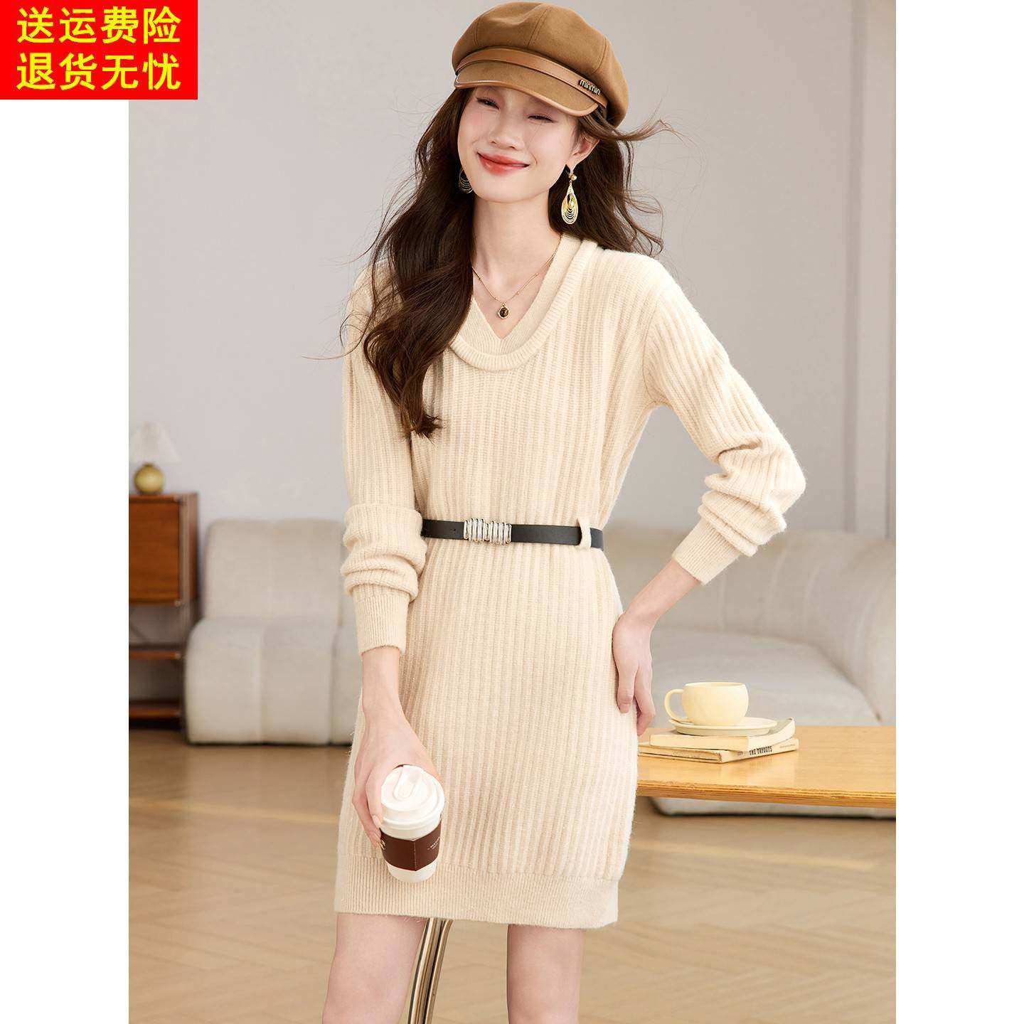 法式小个子针织连衣裙女秋冬新款韩版时尚漂亮掐腰包臀短裙毛衣裙