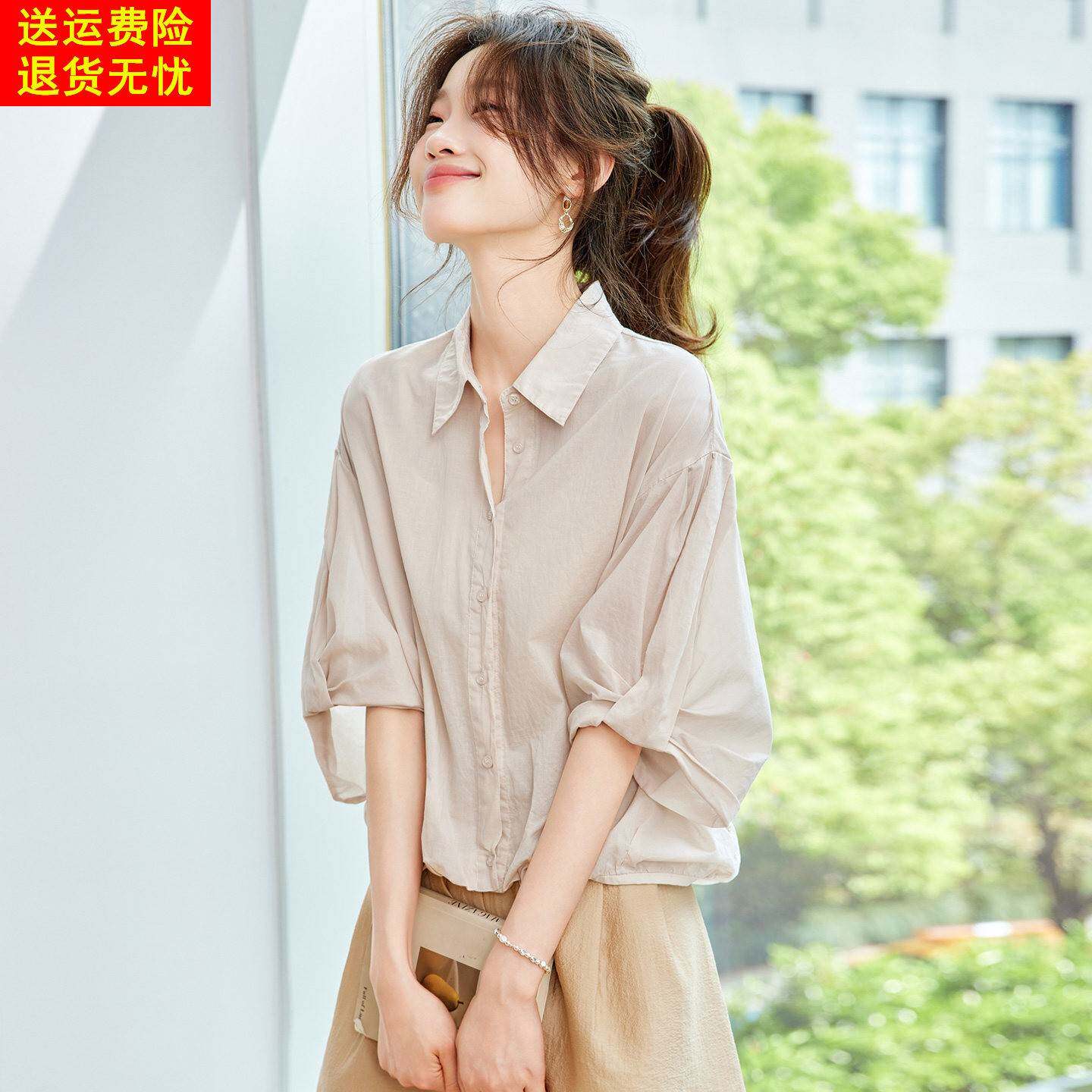 法式白领纯棉衬衫女款2026夏季新款设计感独特宽松灯笼袖漂亮上衣