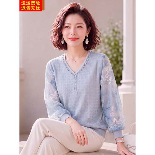 妈妈洋气薄款中袖T恤中年女装春秋装打底小衫中老年鸡心领上衣服