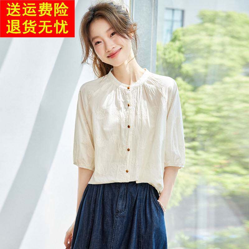 白色刺绣纯棉衬衫女短袖设计感小众夏季新款法式上衣半袖衬衣小衫