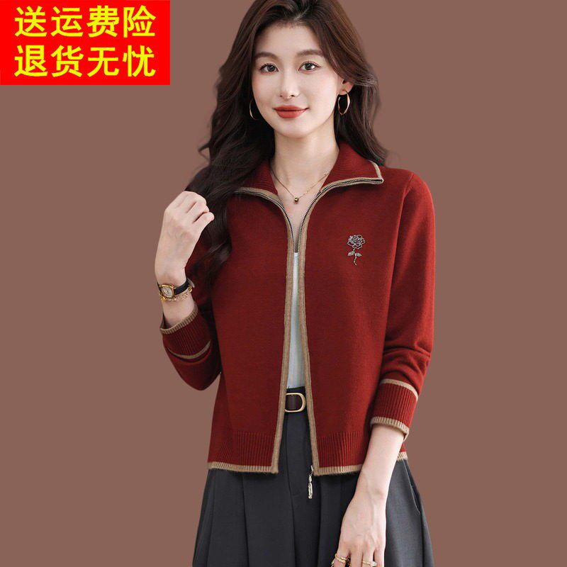 翻领拉链毛衣外套女秋季妈妈红色上衣外搭配裙小短款羊毛针织开衫