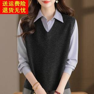 妈妈100纯羊毛绒衫无袖背心毛衣V领加厚秋冬针织马甲宽松大码外穿