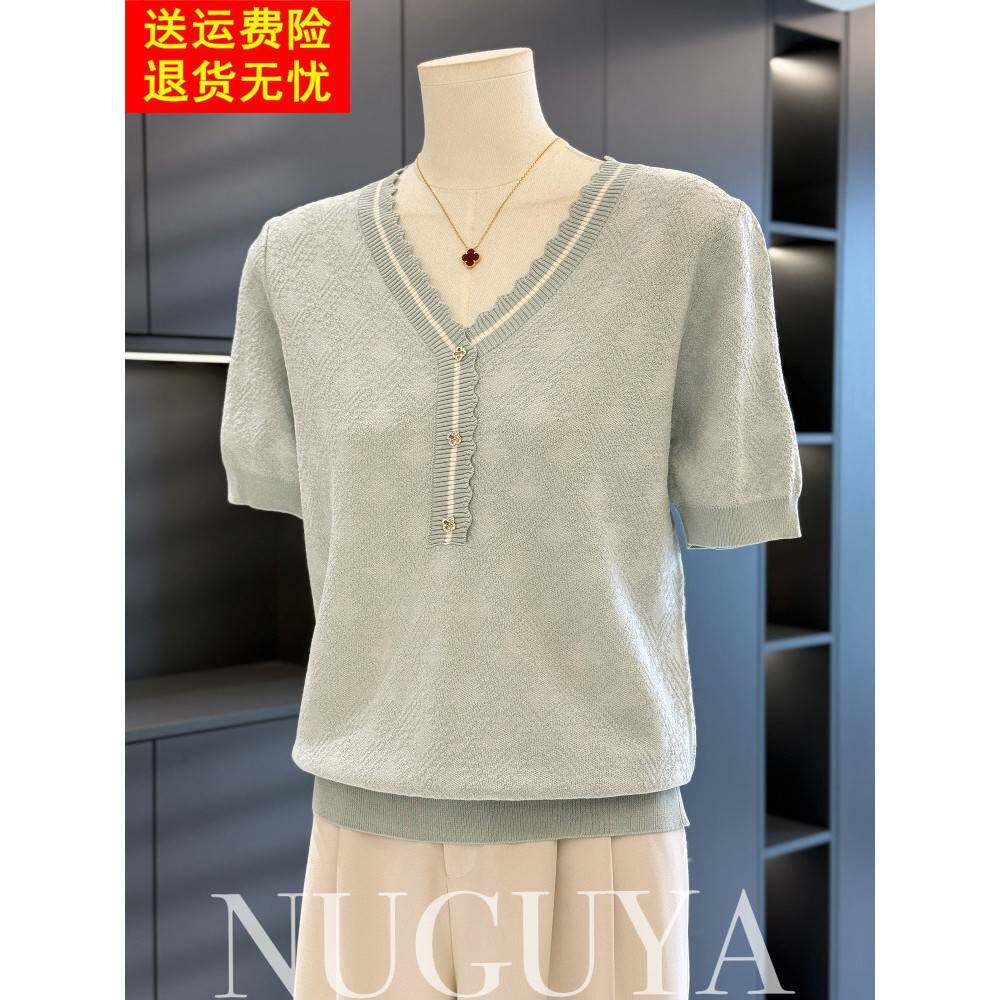 时尚休闲妈妈针织女式短袖2025夏季新款上衣优雅百搭中老年人t恤