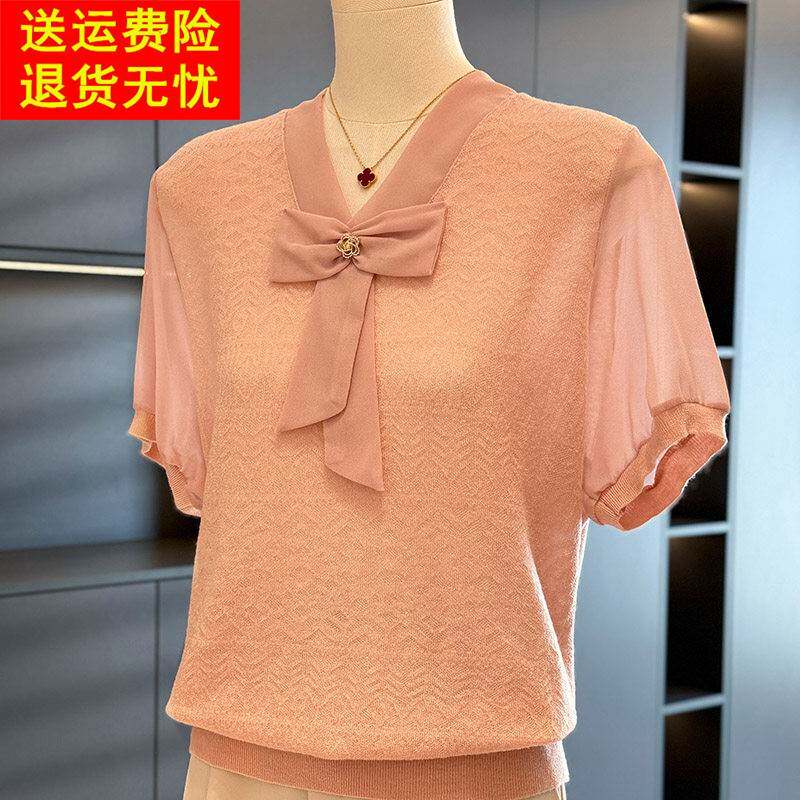 时尚气质妈妈装雪纺拼接针织衫女2025年夏装新款上衣减龄T恤短袖