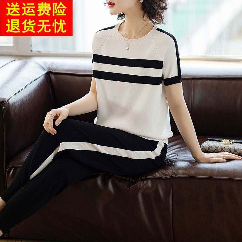 时尚春装大码短袖冰丝套装夏季女40岁洋气休闲妈妈中老年2026新款