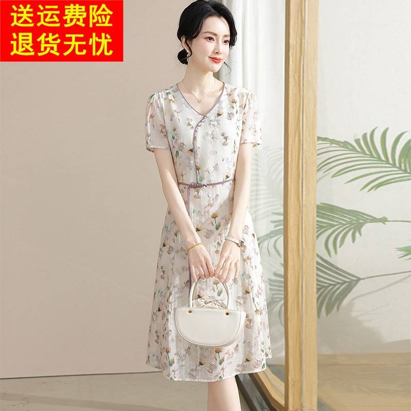 夏季新中式真丝洋装女新款小个子洋派中年妈妈夏天桑蚕丝碎花裙