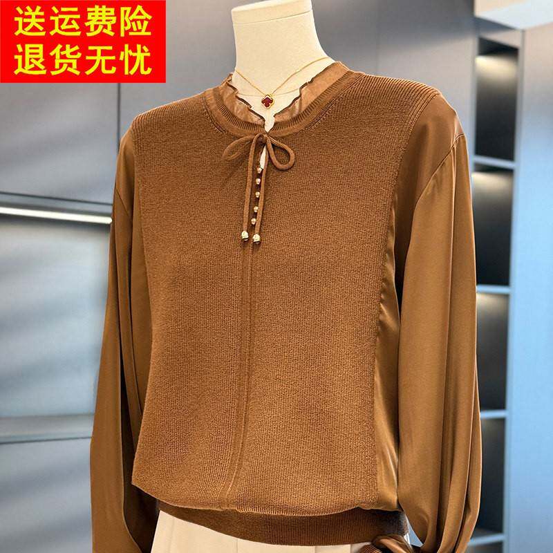 时尚气质妈妈装雪纺拼接针织衫女春装新款上衣减龄洋气中老年打底