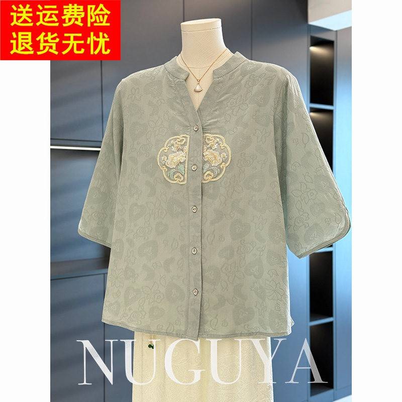 覆古中国风妈妈装棉麻衬衫女七分袖夏装新款上衣气质中老年人衬衫