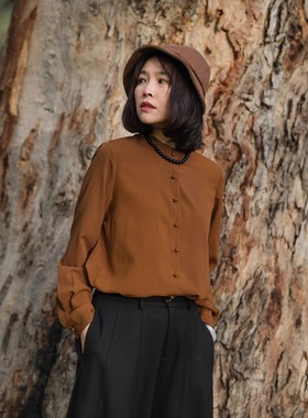 远家褶皱肌理立领手工盘扣竖襟新中式衬衫长袖休闲文艺秋LF3727限