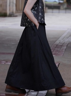 远家半身裙宽松半松紧腰复古A字裙伞裙休闲文艺显瘦裙秋HT3979限