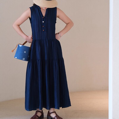远家纯亚麻蓝染条纹V领背心裙