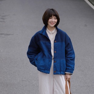 远家植物染蓝染亚麻棉服棉衣手绣绗线立领花苞下摆保暖外套LT5900