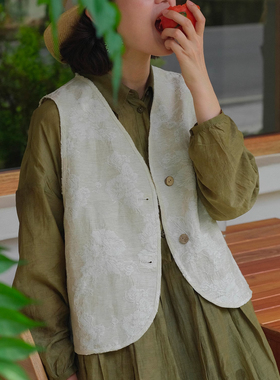 远家经典款 棉麻提花马甲背心做旧毛边无袖上衣叠穿轻薄夏HT2599