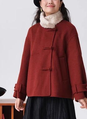远家100%绵羊毛新中式盘扣双面呢短外套大衣毛领上衣冬新F-135