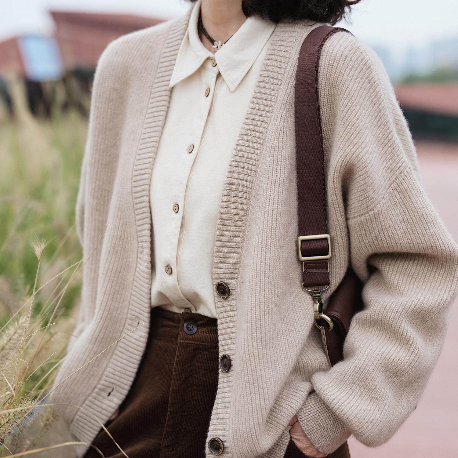 远家天然无染色重磅纯羊绒V领开衫双股加密保暖宽松外套Y-336限