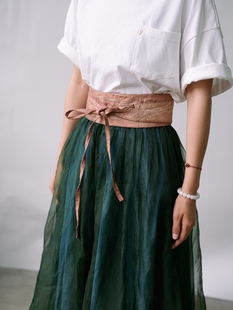 远家草木染柿子染纯亚麻绣花肌理长条系带宽腰带腰封多用途HL3021